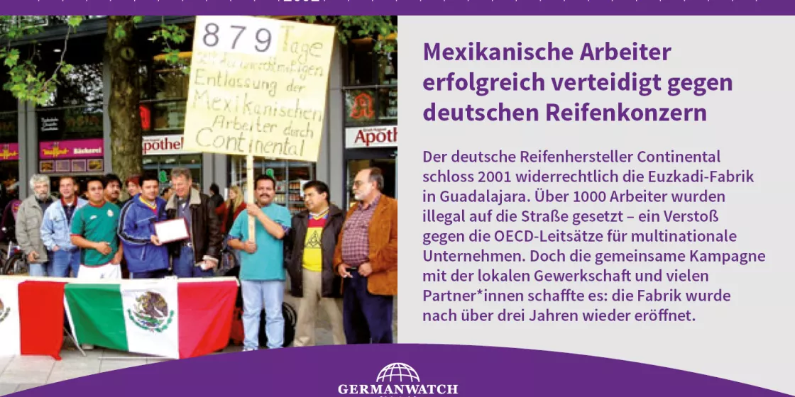 2002 - Mexikanische Arbeiter erfolgreich verteidigt – Kampagne gegen deutschen Reifenkonzern 