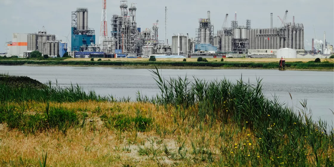 Eine Industrieanlage hitner einem Fuss und grüner Wiese