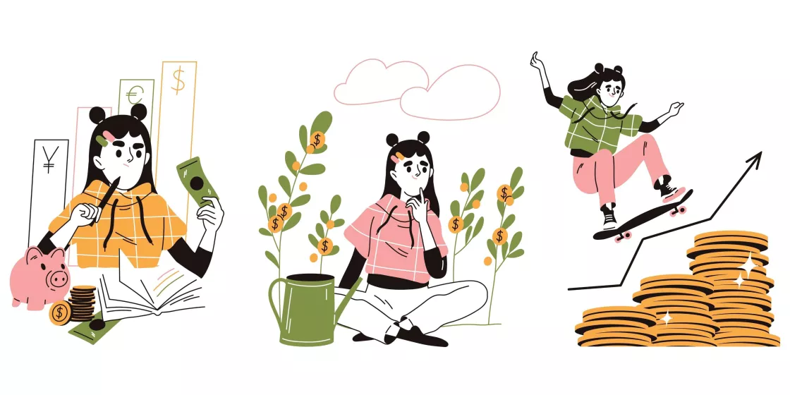 Dreigeteiltes Bild: links denkt ein Mädchen über Finanzen nach. In der Mitte sitzt das Mädchen inmitten von Pflanzen, die mit Dollar-Zeichen versehen sind. Rechts skatet das Mädchen über einen Stapel Münzen.