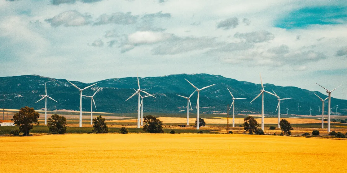 Windräder in einem Feld vor Bergen