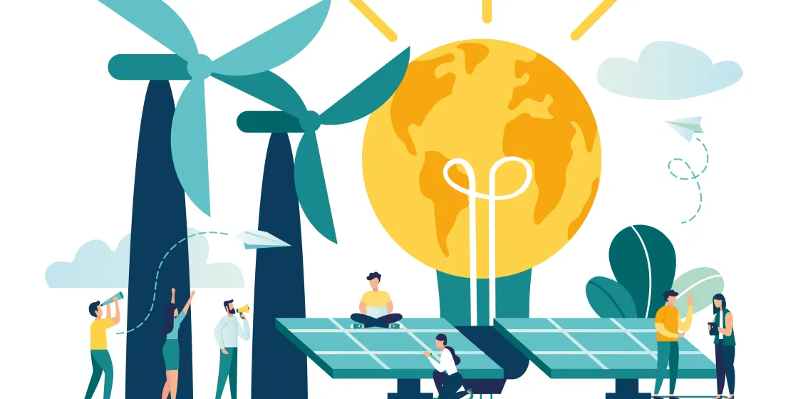 Eine Sonne, deren Energie Windräder und Solarplatten antreibt