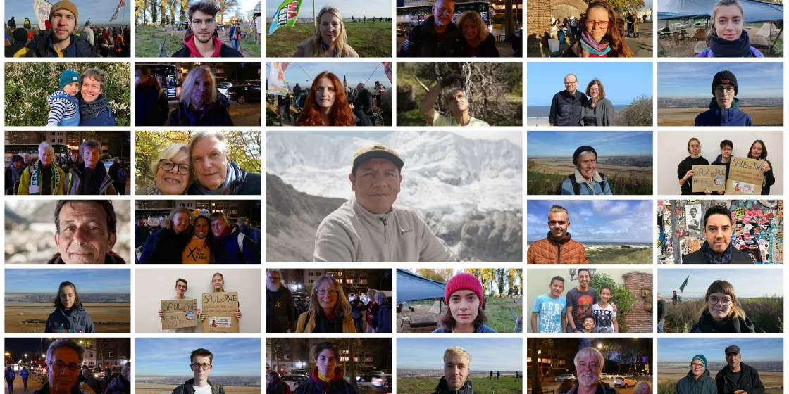 Banner: Collage mit Portraits von Unterstützer:innen von Saúl