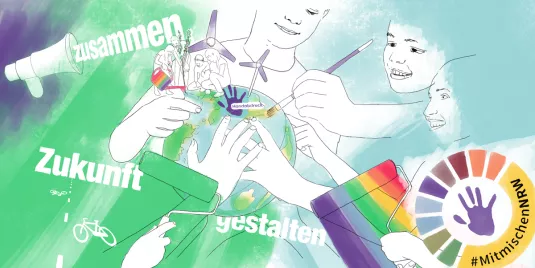 Titelseite Projekte und Aktionen: Illustration mit Kindern, die die Erde anmalen