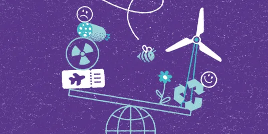 Eine Illustration, die eine Wippe zeigt. Auf der einen Seite sind regenerative Energien auf der anderen fossile Energien symbolisiert.