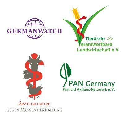 Logos: Germanwatch e.V., PAN Germany, Ärzte gegen Massentierhaltung, Tierärzte für verantwortbare Landwirtschaft e.V.