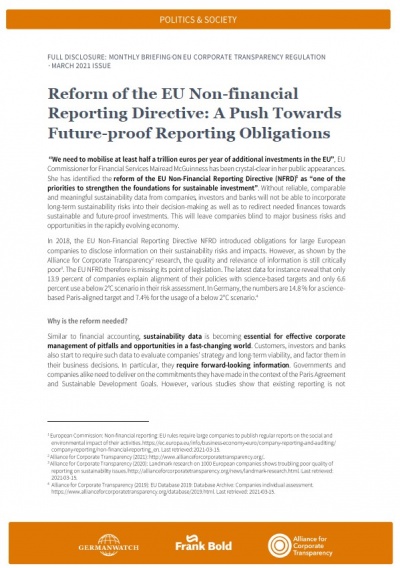Cover: Reform of the EU Non-financial  Reporting Directive: A Push Towards  Future-proof Reporting Obligations