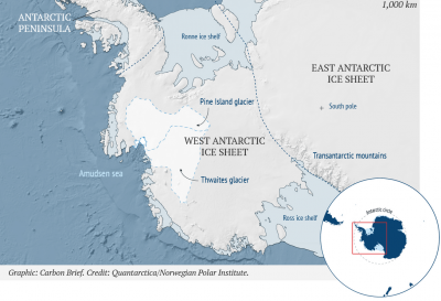 Fig. 1. Map of Antarctica: Displays the West Antarctic and its different Ice Sheets and Shelfs (Quantarctica/Norwegian Polar Institute / Carbon Brief).