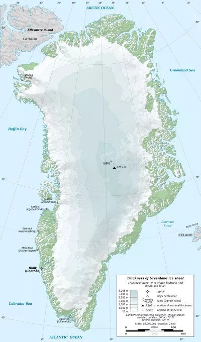 Fig. 2. Map of the Greenland ice sheet. Thickness over 10 m above bedrock and mean sea level (Eric Gaba/Sting / Wikimedia Commons).