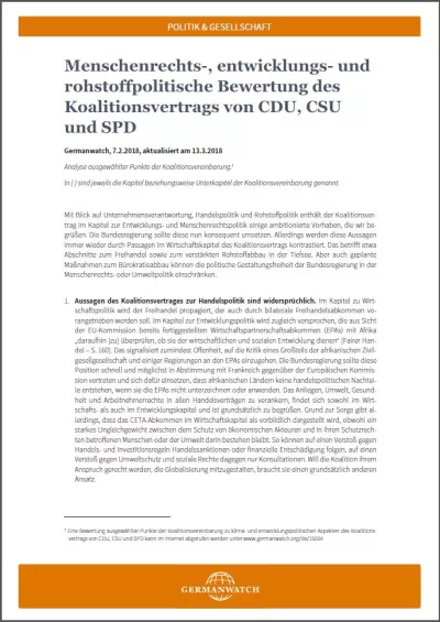 Cover: Menschenrechts-, entwicklungs- und rohstoffpolitische Bewertung des Koalitionsvertrags von CDU, CSU und SPD