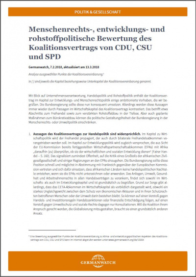 Cover: Menschenrechts-, entwicklungs- und rohstoffpolitische Bewertung des Koalitionsvertrags von CDU, CSU und SPD