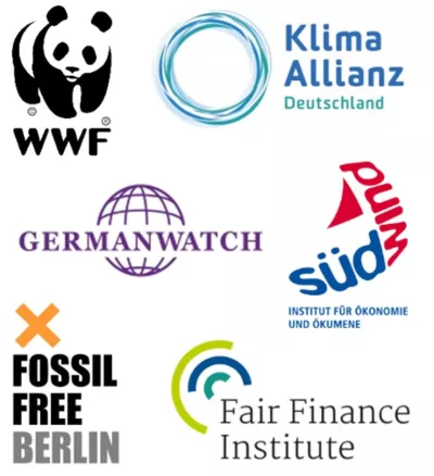 Logoteppich Germanwatch WWF Fossil free Suedwind Fair Finance Institute Klima Allianz