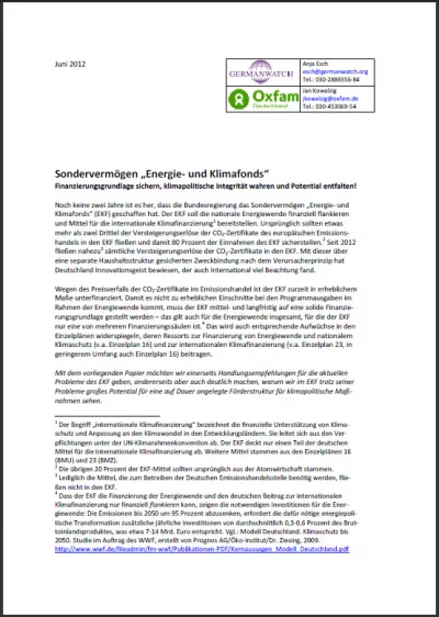 Cover: Sondervermögen Energie- und Klimafonds von Oxfam und Germanwatch