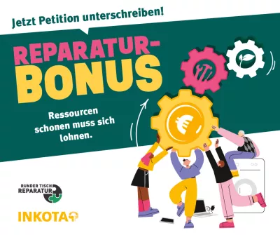 Illustration von vier Personen, die Zahnräder hoch halten. Ein Schriftzug daneben verkündet "Reparatur-Bonus: Jetzt Petition unterschreiben!"