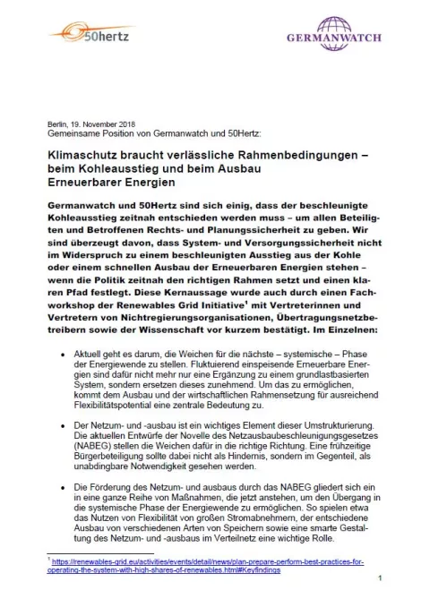 Cover Positionspapier zum Klimaschutz von 50Hertz und Germanwatch