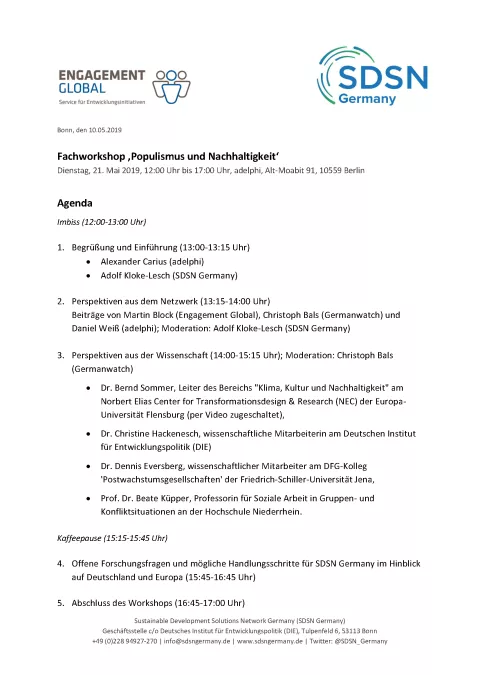 Agenda Fachworkshop 'Populismus und Nachhaltigkeit'
