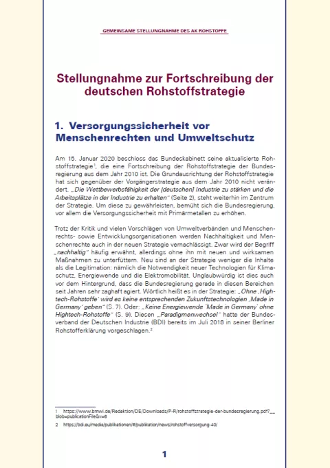 Stellungnahme zur Fortschreibung der deutschen Rohstoffstrategie