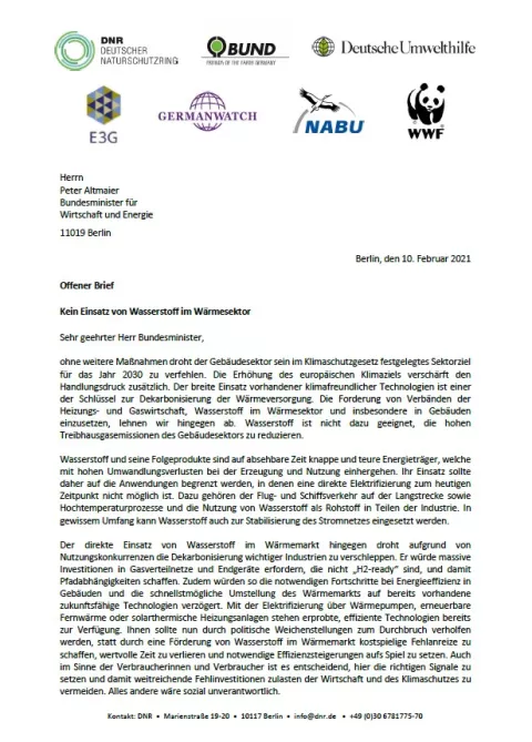 Offener Brief: Kein Einsatz von Wasserstoff im Wärmesektor