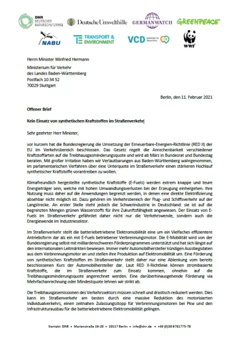 Offener Brief an Minister Winfried Hermann: Kein Einsatz von synthetischen Kraftstoffen im Straßenverkehr
