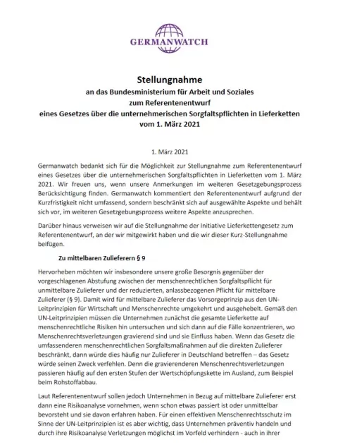 Stellungnahme zum Lieferkettengesetz Cover