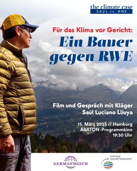 Sharepic mit Saúl, der Aufschrift "Ein Bauer gegen RWE" und den Informationen zur Filmaufführung
