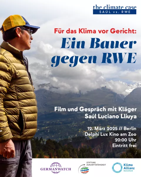 Bild mit Saúl, im Hintergrund die Anden; Informationen zur Filmaufführung