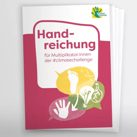 Abbildung der Handreichung zur Cliamtechallenge mit drei illustrierten Icons