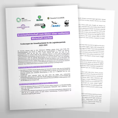 Titelseite eines Positionspapiers zum Thema Kreislaufwirtschaft mit Logos von sieben verschiedenen Umweltorganisationen