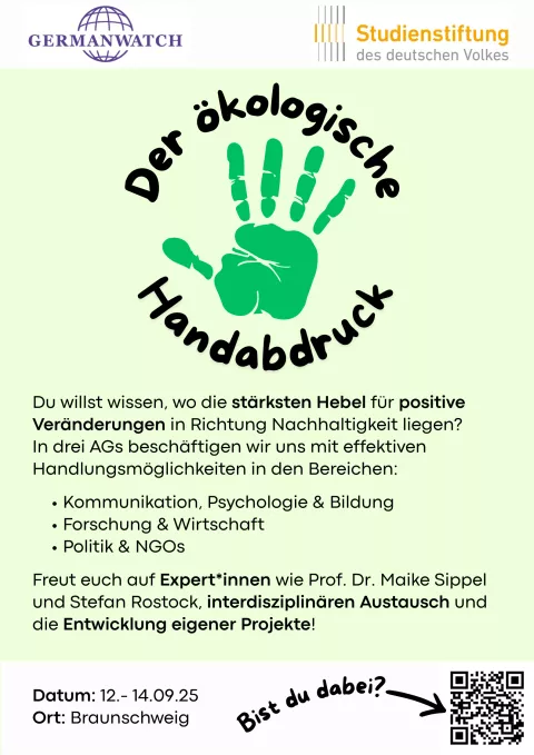 Veranstaltungsflyer, der einen grünen Handabdruck zeigt und Informationen zur Veranstaltung enthält
