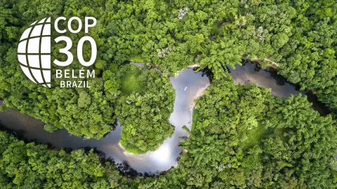 Luftbild vom Amazonasregenwald mit Schriftzug COP30 Belem, Brasilien