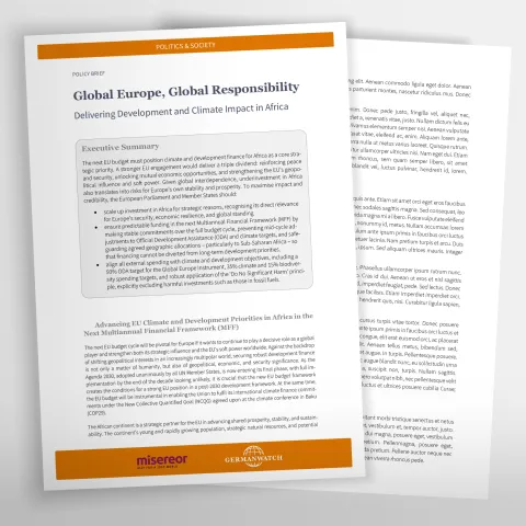 Erste Seite eines Policy Briefs "Global Europe, Global Responsibility"