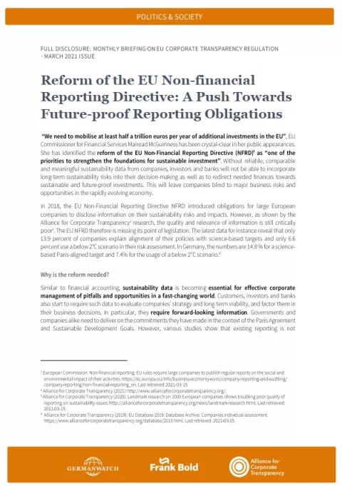Cover: Reform of the EU Non-financial  Reporting Directive: A Push Towards  Future-proof Reporting Obligations
