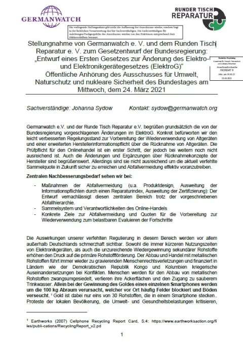 Cover: Stellungnahme zum Gesetzentwurf der Bundesregierung: „Entwurf eines Ersten Gesetzes zur Änderung des Elektro- und Elektronikgerätegesetzes (ElektroG)“