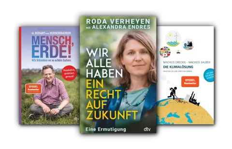 Buchcover "Das Klima-Buch", "Mensch, Erde!" und "Der Anfang von morgen"