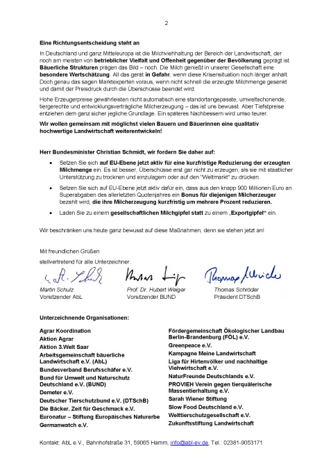 Offener Brief zur Milchkrise an Bundesagrarminister Schmidt, S.2 Offener Brief zur Milchkrise an Bundesagrarminister Schmidt, S.2