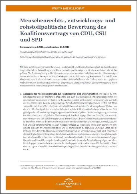Cover: Menschenrechts-, entwicklungs- und rohstoffpolitische Bewertung des Koalitionsvertrags von CDU, CSU und SPD Cover: Menschenrechts-, entwicklungs- und rohstoffpolitische Bewertung des Koalitionsvertrags von CDU, CSU und SPD