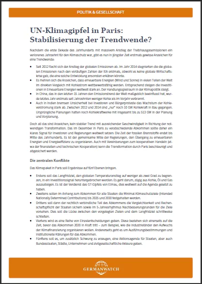 Cover: UN-Klimagipfel in Paris: Stabilisierung der Trendwende? Cover: UN-Klimagipfel in Paris: Stabilisierung der Trendwende?