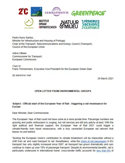 Cover: Open letter to EU: European Year of Rail 2021 needs to improve rail transport