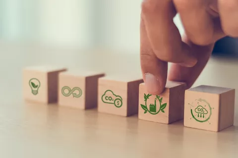 Holzwürfel mit Symbolen zum Klimaschutz