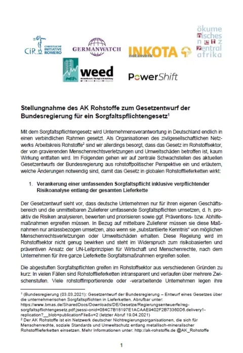 Cover: Stellungnahme des AK Rohstoffe zum Gesetzentwurf der Bundesregierung für ein Sorgfaltspflichtengesetz