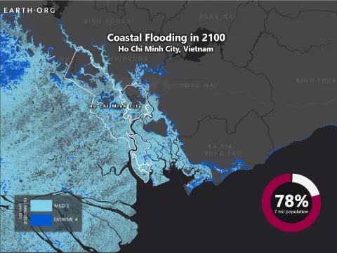 Fig. 4. Coastal Flooding in 2100, Ho Chi Minh City, Vietnam: Sea level rise projections by 2100 for two scenarios with the amount of rise in meters indicated (mild = 2m; extreme = 4m). Percentage and total population displacement indicated in the bottom right (Earth.org, 2020).