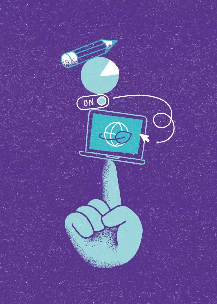Illustration: Eine Hand balanciert verschiedene Gegenstände wie einen Laptop auf dem Zeigefinger