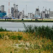 Eine Industrieanlage hitner einem Fuss und grüner Wiese