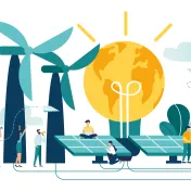 Eine Sonne, deren Energie Windräder und Solarplatten antreibt